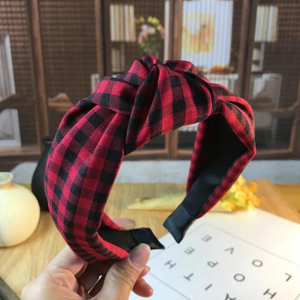 Gingham / Buffalo Plaid Top Knot Headband - Black & Red